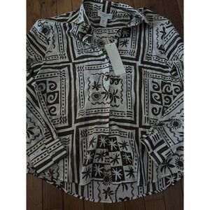 NWT Calypso St Barth S Graphic Cotton Button Down Blouse Shirt Brown Ivory